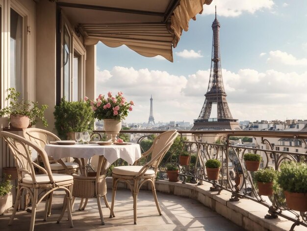 Balcone con tavolo e sedie con vista sulla Torre Eiffel