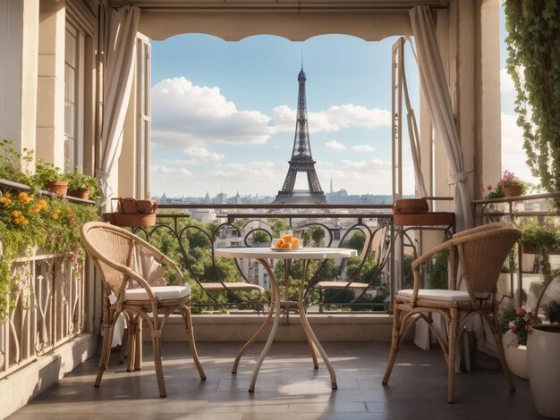 Balcone con tavolo e sedie con vista sulla Torre Eiffel