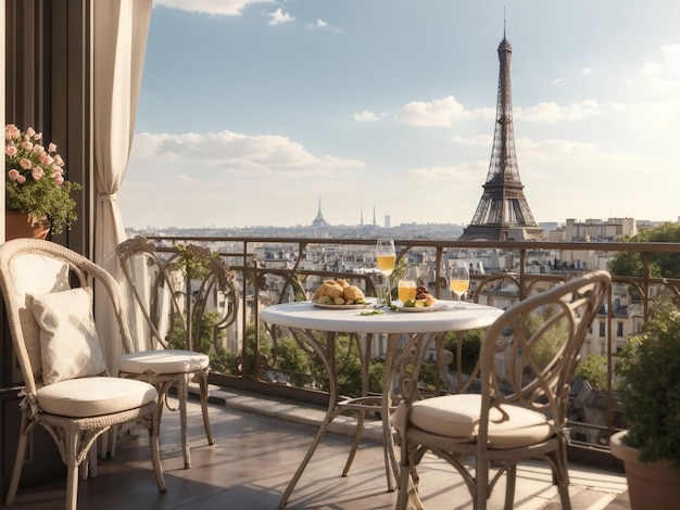 Balcone con tavolo e sedie con vista sulla Torre Eiffel