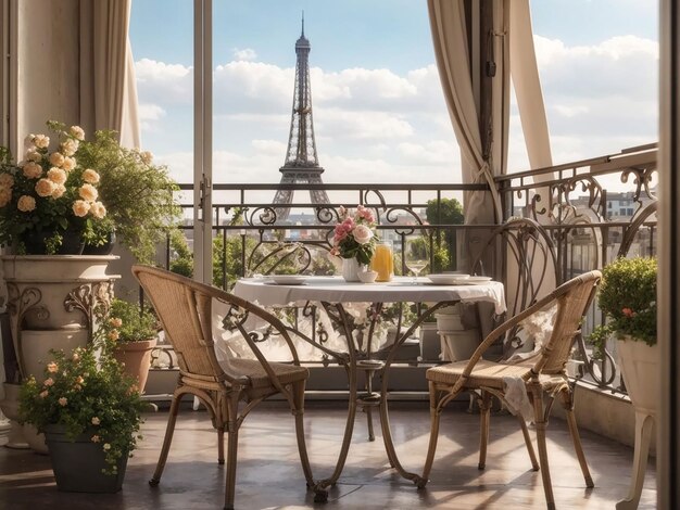 Balcone con tavolo e sedie con vista sulla Torre Eiffel