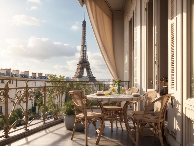 Balcone con tavolo e sedie con vista sulla Torre Eiffel