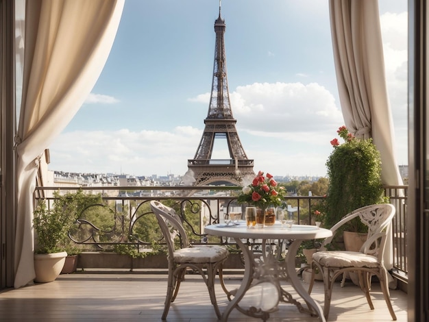 Balcone con tavolo e sedie con vista sulla Torre Eiffel