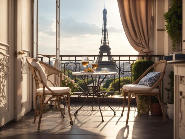 Balcone con tavolo e sedie con vista sulla Torre Eiffel