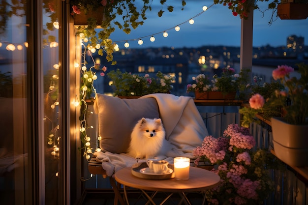 Balcone con vista notturna con adorabile cane che dorme tranquillamente