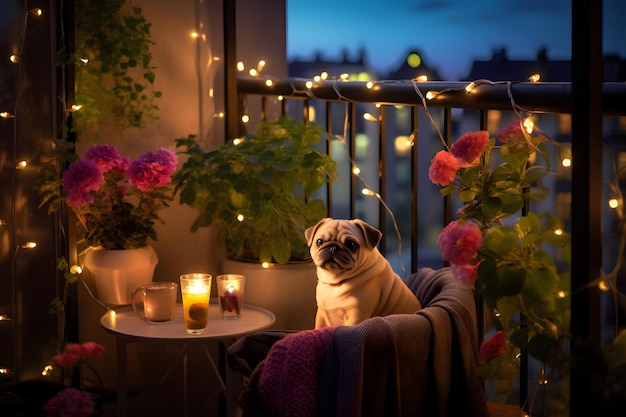 Balcone con vista notturna con adorabile cane che dorme tranquillamente