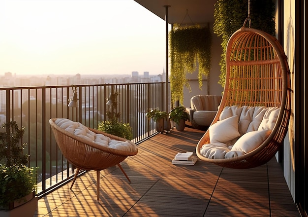 Balcone estivo con sedia sospesa e piante da fiore Area soggiorno accogliente in un appartamento moderno