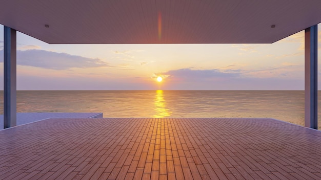 Balcone in legno sul mare all'aperto e splendida vista sul mare sul cielo al tramonto