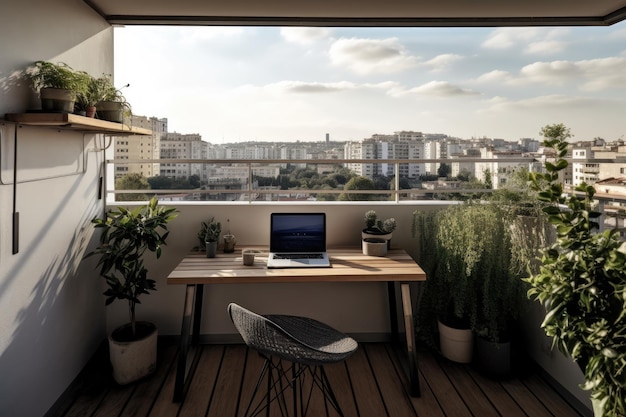 Balcone moderno con piante di design minimalista e vista urbana Atmosfera accogliente generativa IA