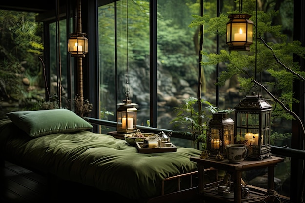 Balcone Zen con tappetini, lanterne e piante generative IA