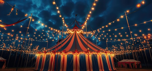 Baldacchino del circo decorato con luci di notte con spazio di copia