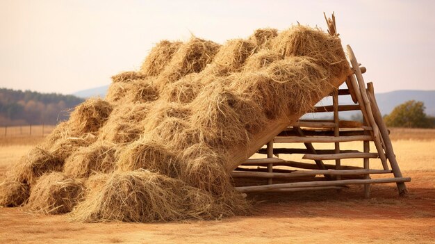 Bale di fieno su un rimorchio con una montagna sullo sfondo.