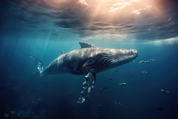 Balena a gobba gioca vicino alla superficie nell'acqua blu Balena a hobba nel mare del Pacifico Generativo ai