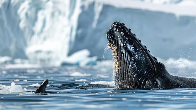 Balena a gobba neve e ghiaccio Balena a hobba immersione con cime innevate Generativo Ai