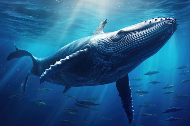 Balena che nuota nell'oceano Mondo sottomarino rendering 3d Balena che nuota nel mare blu profondo Balena a gobba nell'oceano AI Generato