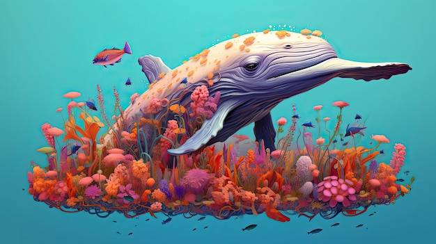 Balena in un campo di fiori selvatici Arte generativa dell'IA