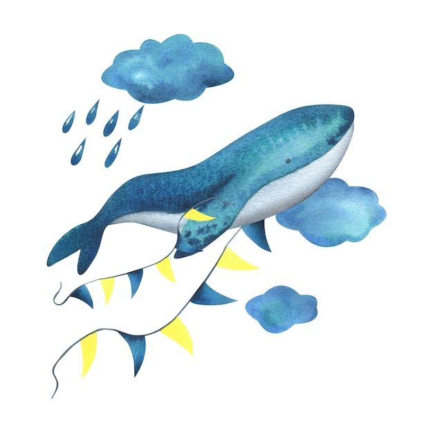 Balena turchese nelle nuvole con una ghirlanda di bandiere tra le nuvole con gocce di pioggia Illustrazione ad acquerello disegnata a mano in uno stile infantile semplice Composizione isolata su sfondo bianco
