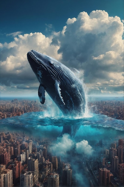 Balene che volano sopra l'ambiente immaginario della città