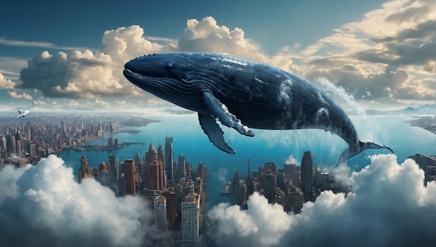 Balene che volano sopra l'ambiente immaginario della città