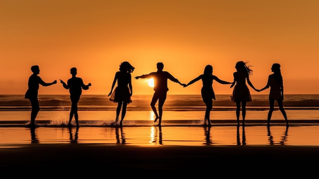 Ballando al tramonto Sagome di amici sulla spiaggia in una bellissima destinazione per le vacanze IA generativa