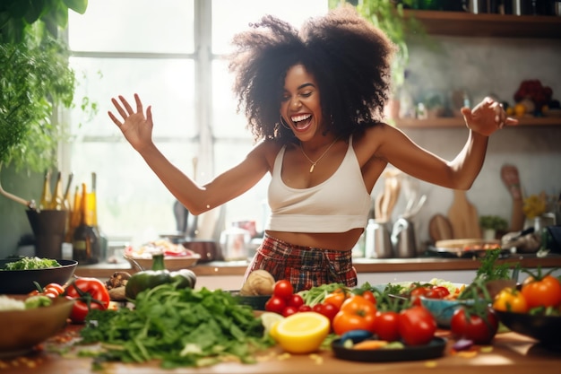 Ballando con gioia Il gioioso viaggio di una ragazza africana in cucina con ingredienti freschi e sani