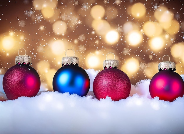 Balle di Natale o decorazioni sulla neve su uno sfondo invernale luminoso