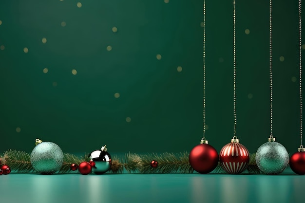 Balle di Natale su sfondo verde e spazio per il testo