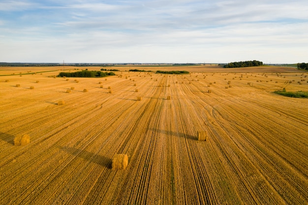 Balle di paglia su terreno coltivato con un cielo nuvoloso blu