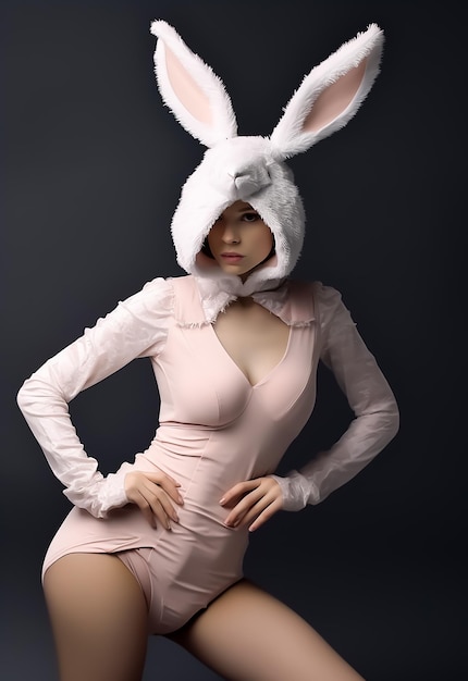 Ballerina Ballerina in costumi di moda bianchi e maschera da coniglio come un costume da coniglietto di playboy