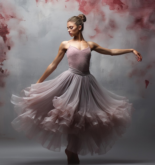 Ballerina in un vestito Tessuto da ballo espressivo in equilibrio che vola in aria