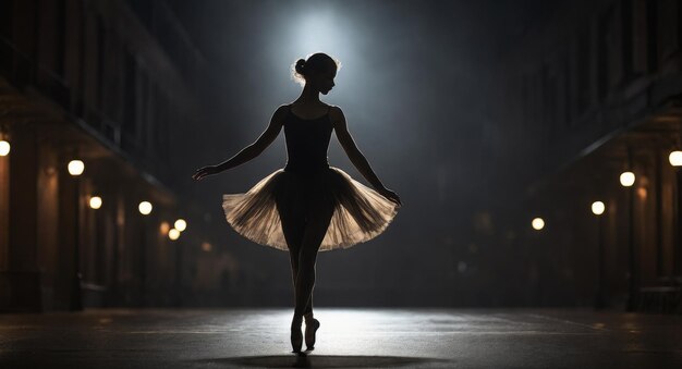 Ballerina solitaria che posa in una stanza buia