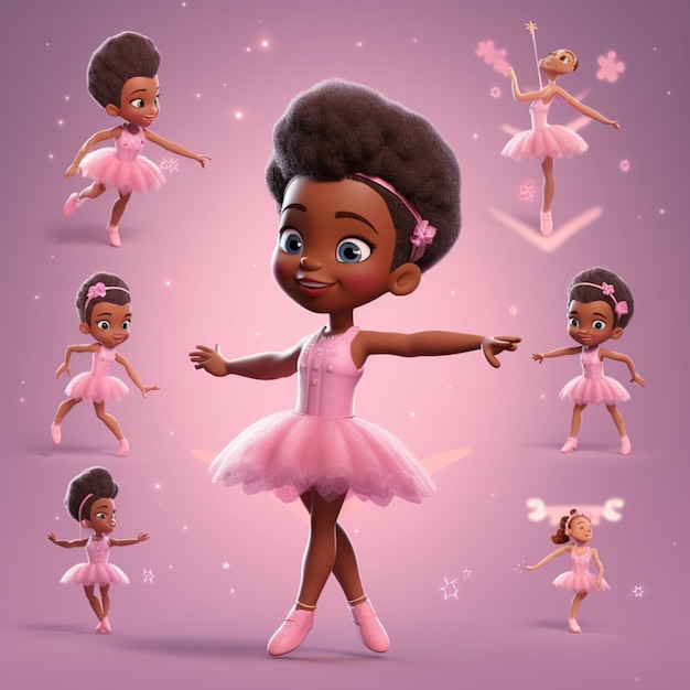 ballerine di cartone animato in varie pose e pose con uno sfondo rosa ai generativo