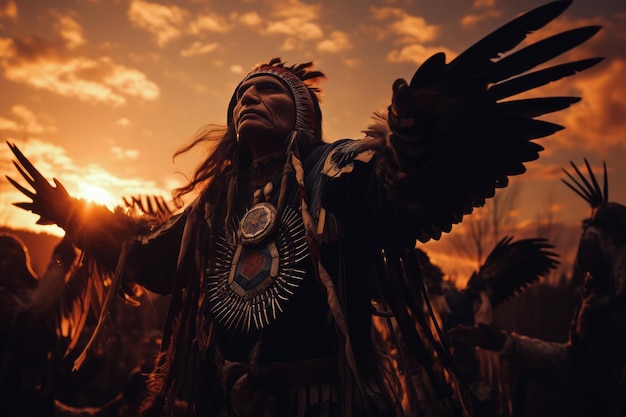 Ballerini nativi americani che eseguono una danza cerimoniale dell'aquila al tramonto