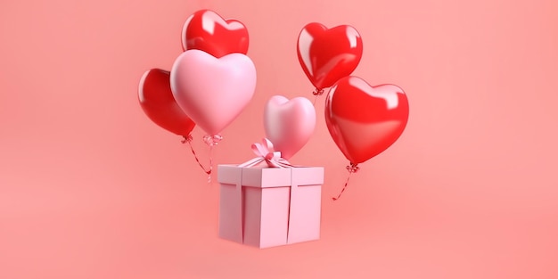 Ballon di cuore volante generato dall'intelligenza artificiale con confezione regalo su sfondo rosa IA generativa