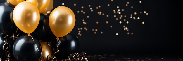Ballooni neri e dorati Confetti sfondo scuro Perfetto per la bandiera della festa di compleanno