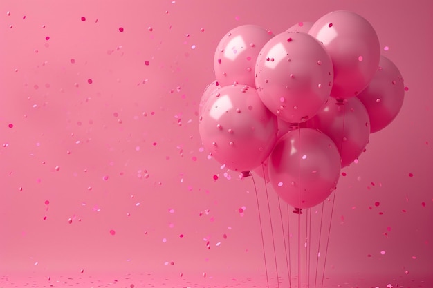 Baloni rosa festivi con celebrazione di confetti e concetto di festa