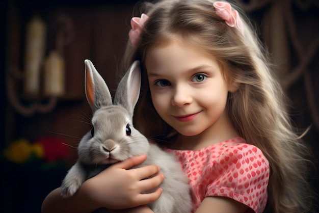 bambina abbraccia il coniglio di Pasqua in grembo AI generativa