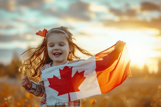Bambina adolescente felice che agita la bandiera del Canada mentre corre al tramonto