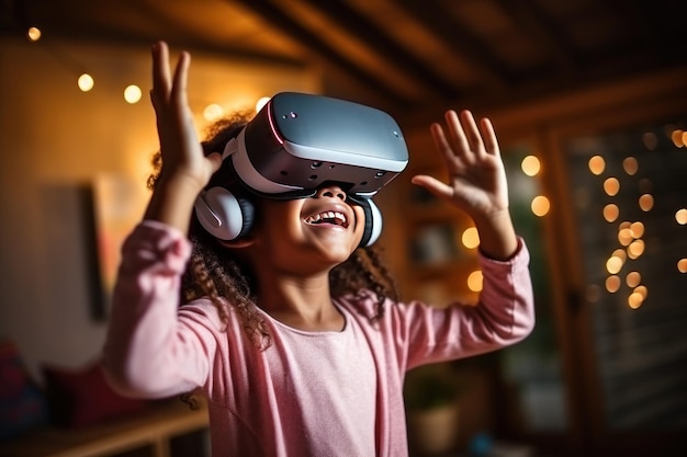 Bambina africana che si diverte a usare gli occhiali VR a casa per imparare il concetto di Homeschooling Ai Generator