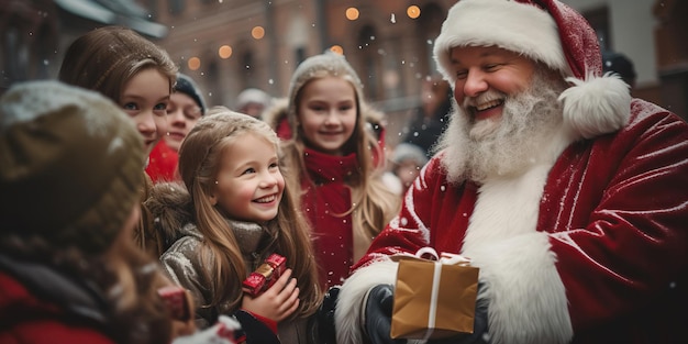 Bambina allegra che tiene il contenitore di regalo e che esamina Babbo Natale