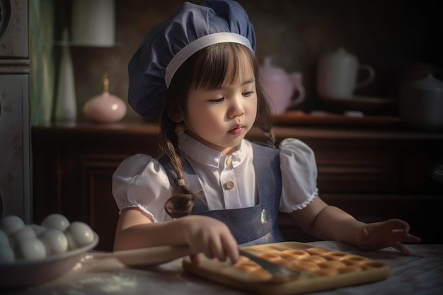 Bambina asiatica carina che cuoce i biscotti in cucina a casa IA generativa