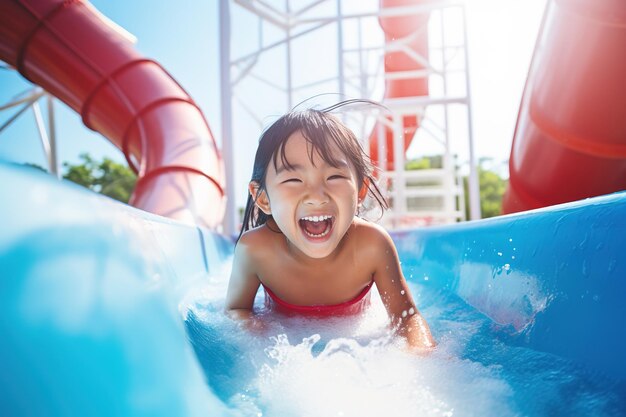 bambina asiatica che si diverte a ridere scivola giù su uno scivolo d'acqua giallo in un parco acquatico vacanze estive e vacanze