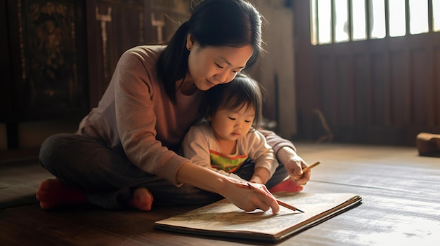 Bambina asiatica e madre seduta sul pavimento e disegno Arte generativa ai