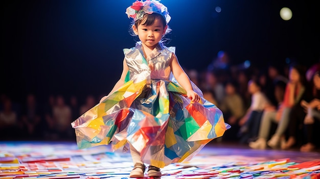 bambina asiatica sulla passerella che indossa l'abito fatto di bottiglie di plastica riciclate