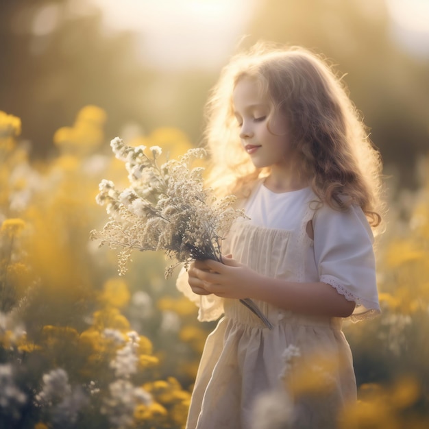 Bambina bionda in un campo che tiene in mano un mazzo di fiori Concetto di felicità