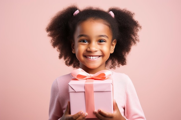 Bambina bruna sorridente che tiene in mano un regalo su uno sfondo rosa