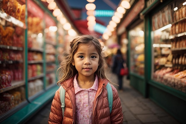 bambina carina che fa shopping all'aperto