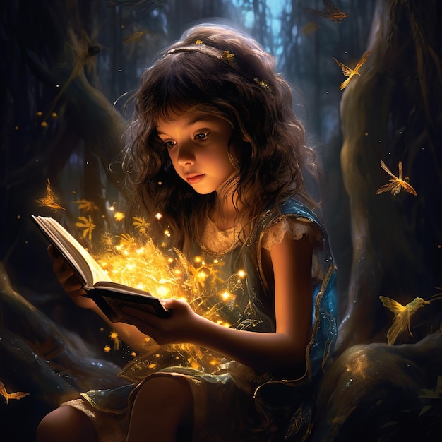 Bambina carina che legge un libro al buio e si immerge nella natura