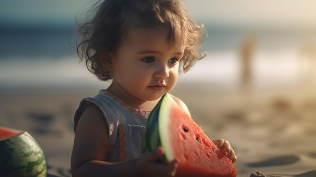 bambina carina che mangia anguria in spiaggia AI generativa