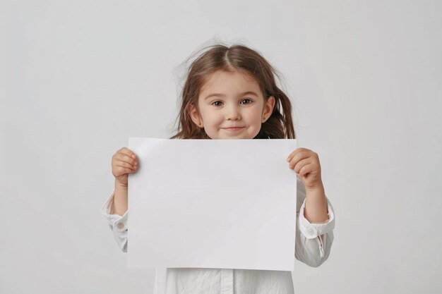 bambina carina che mostra un grande foglio di carta con spazio per la copia