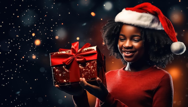 bambina carina con capelli afro ricci che tiene la sua scatola regalo vicino all'albero di Natale la sera